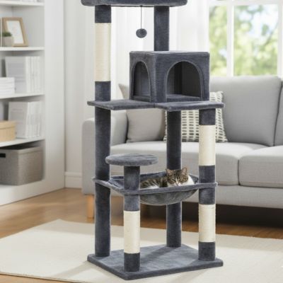 arbre a chat gris fonce plusieurs chats